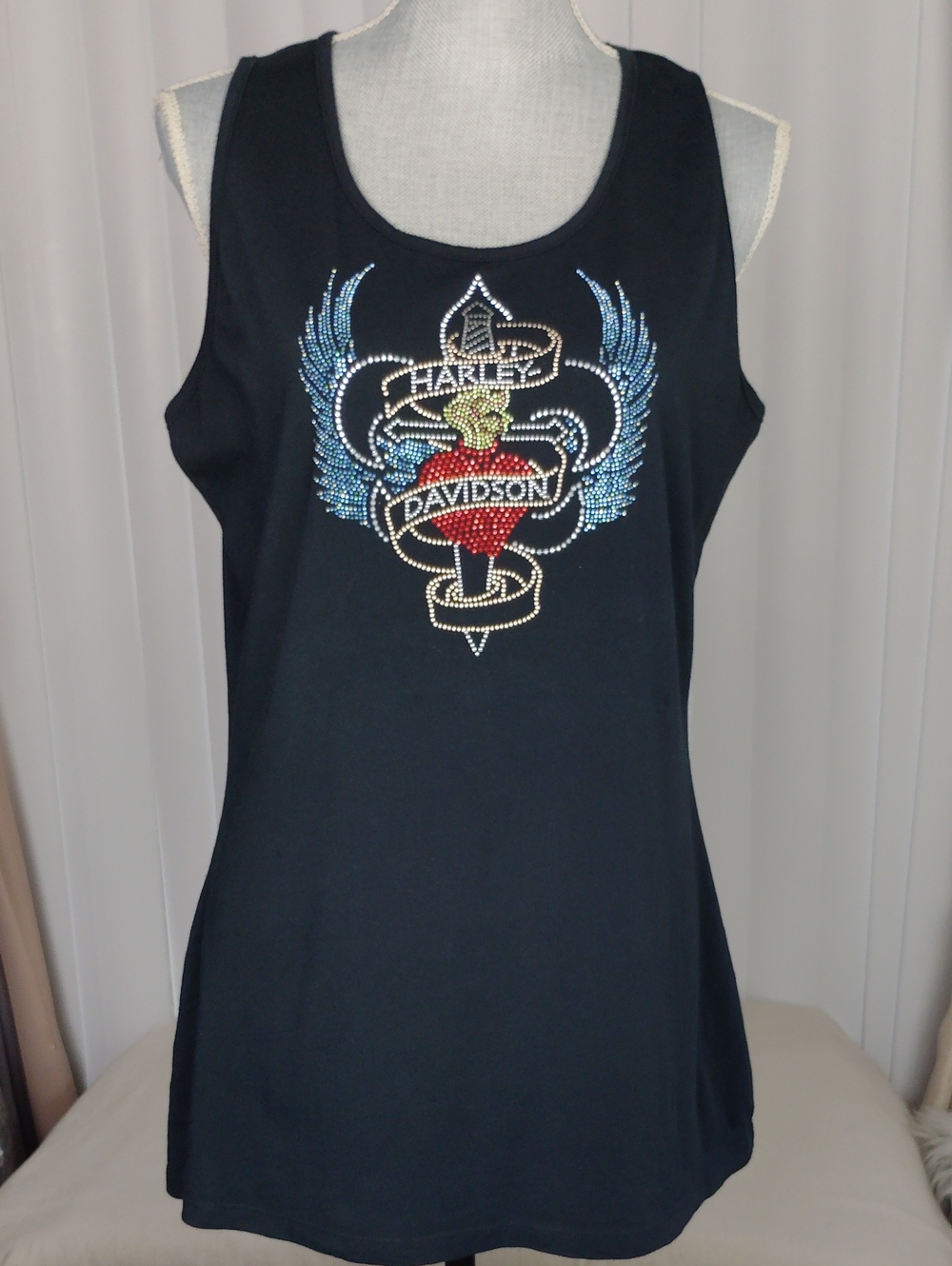 Harley-Davidson Black Tank Top with Blue Wing and Red Heart Rhinestones